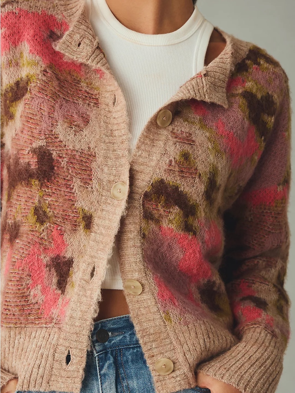 Anthropologie Multicolor Textured Crewneck Cardigan Buttons Sweater